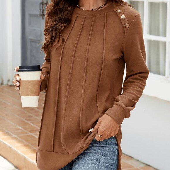 Womens Crewneck Sweater Long Sleeve Pleated Front Casual Fall Outfit - Picture 3 of 5